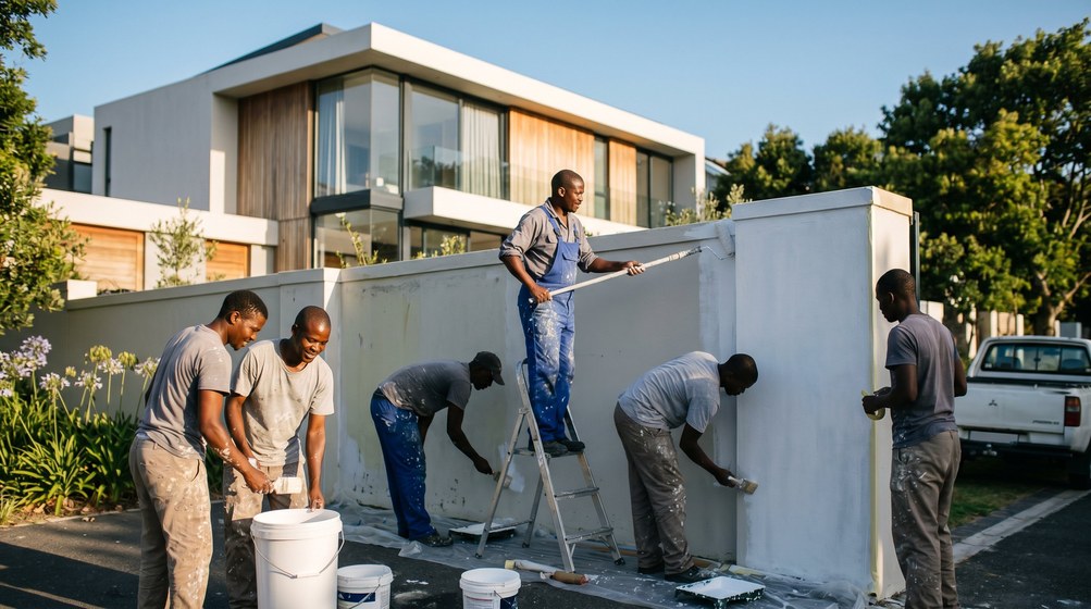 Professional team painting a boundary wall at a modern home in Centurion