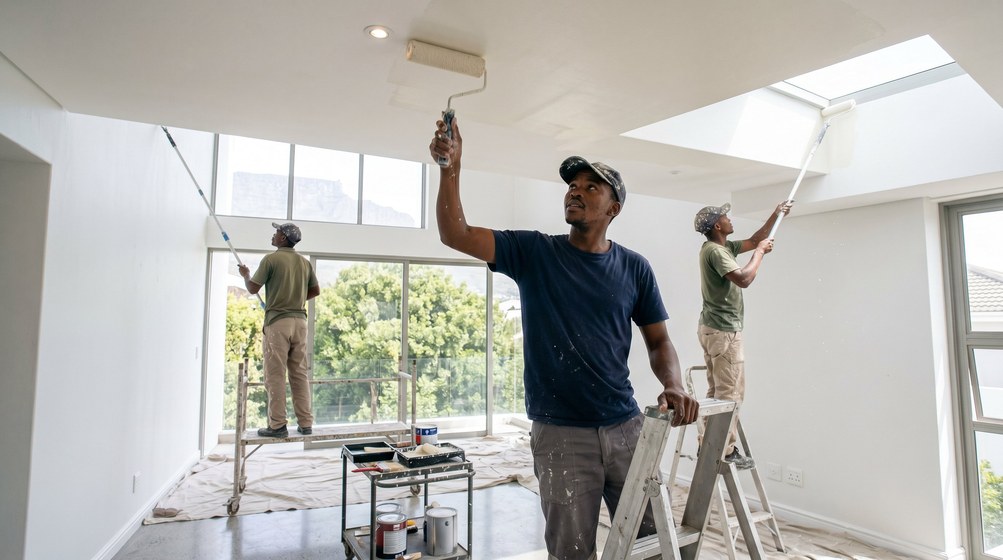 Professional ceiling painters rolling white paint onto a high ceiling in Centurion