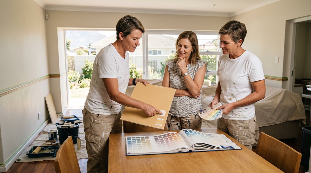 Professional colour consultant showing paint swatches to a homeowner in Centurion
