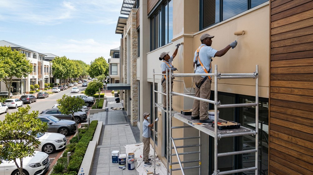 Professional commercial painters on scaffolding painting a building on the Highveld