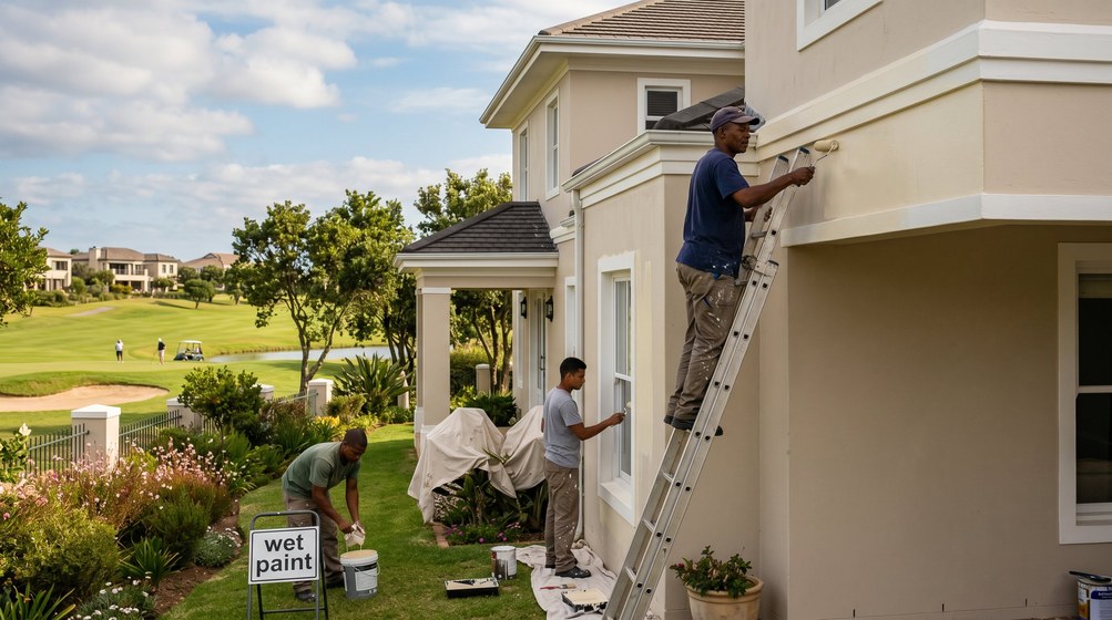 Professional estate painters painting a luxury golf estate home on the Highveld