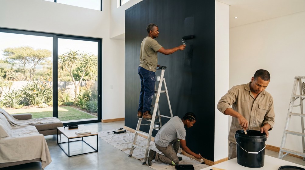 Professional painters creating a bold black feature wall in a modern Centurion home