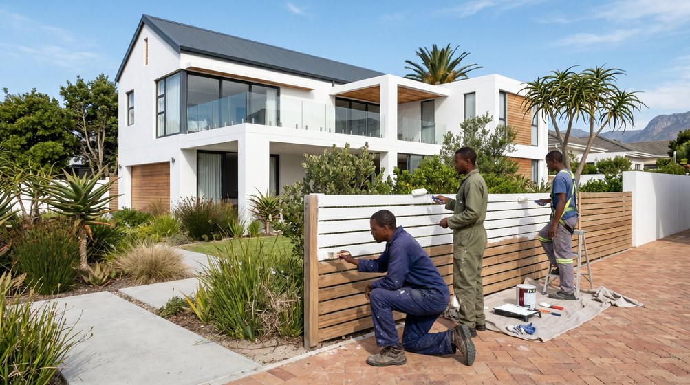 Professional fence painters painting a wooden fence at a Highveld home in Centurion