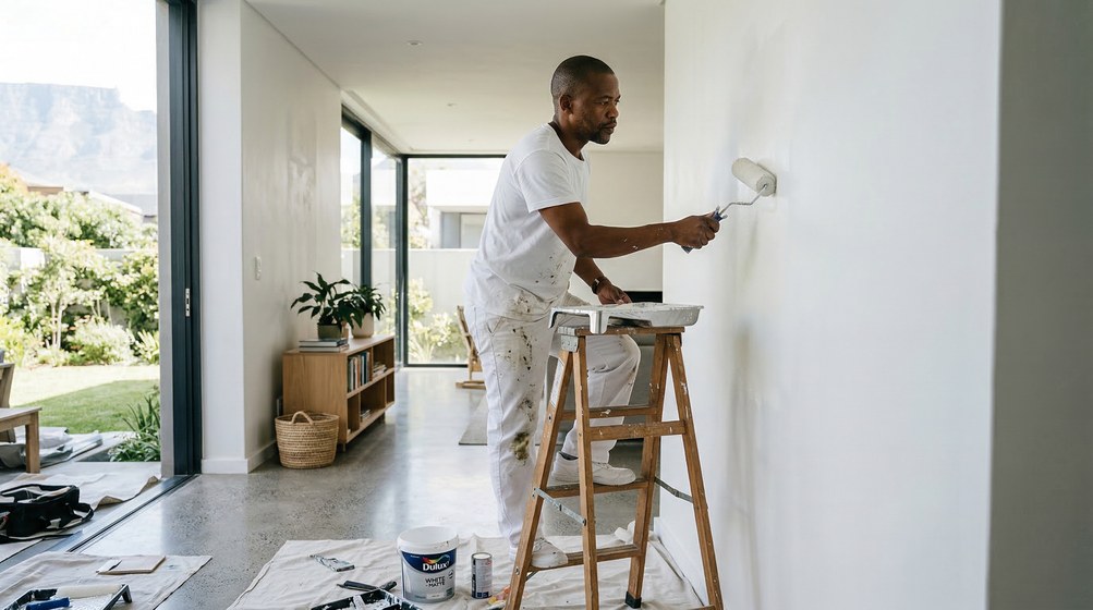 Professional interior painter in Centurion painting walls with a roller
