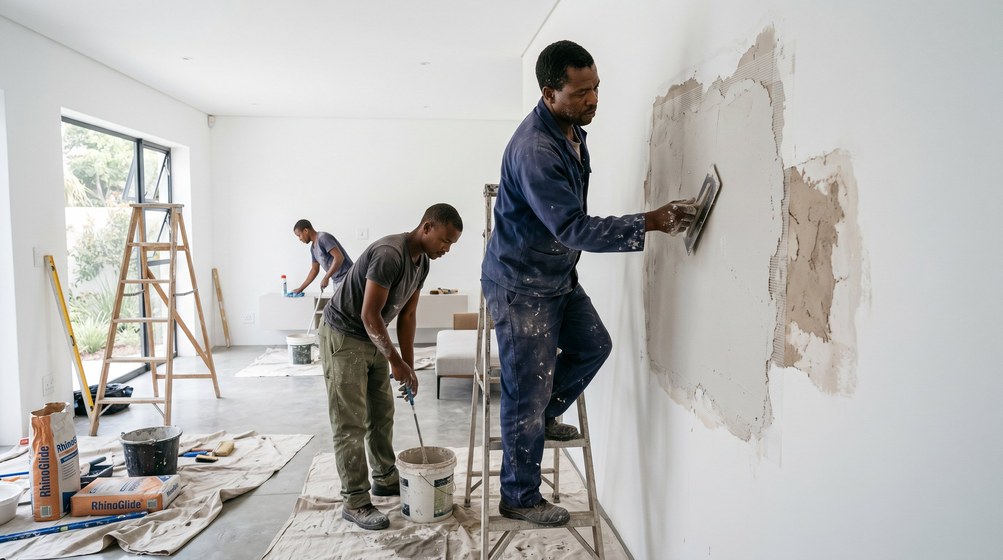 Professional plaster repair team skim coating damaged walls in Centurion