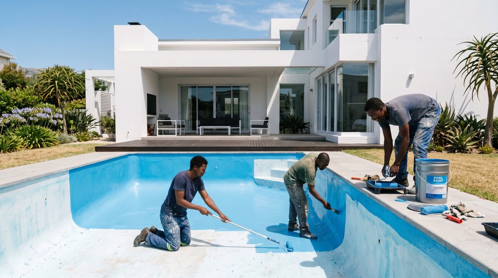 Professional pool painters applying blue pool paint to a swimming pool in Centurion