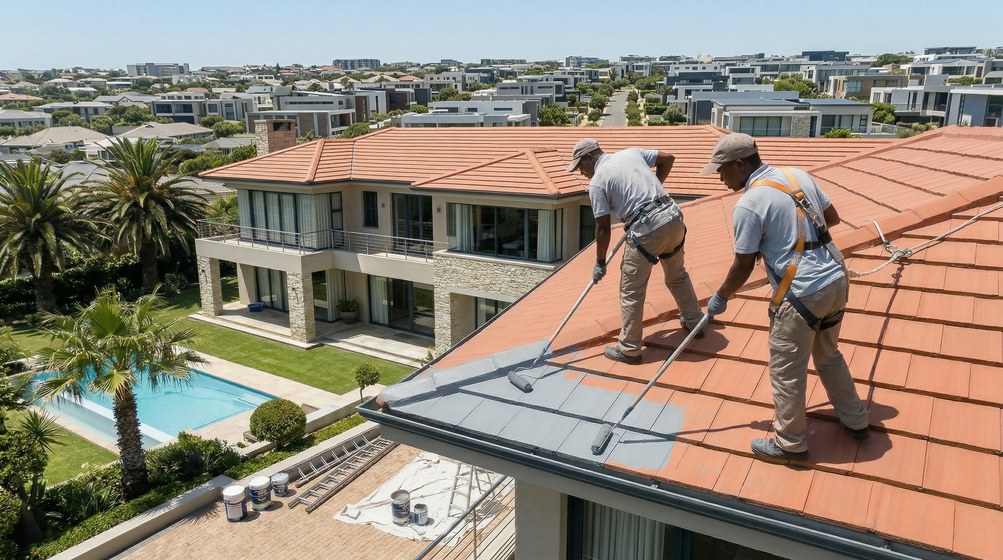 Professional roof painters applying waterproof coating to tiled roof in Centurion