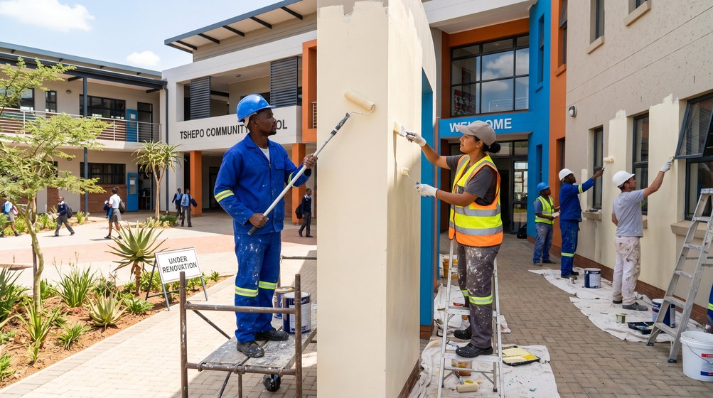 Professional school painting team painting a community school on the Highveld