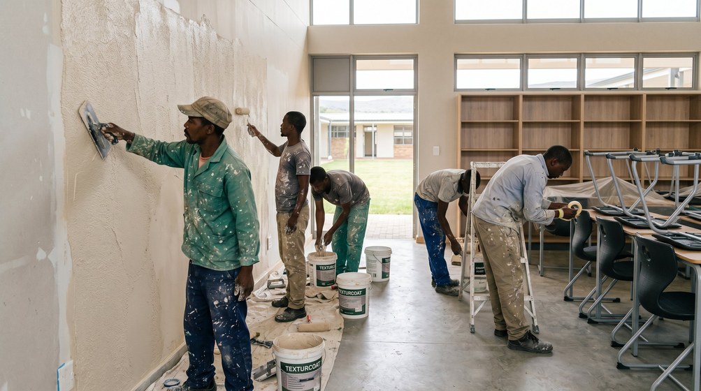Professional texture coating team applying Texturcoat to interior walls in Centurion