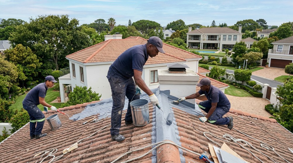Professional waterproofing team applying membrane to roof in Centurion