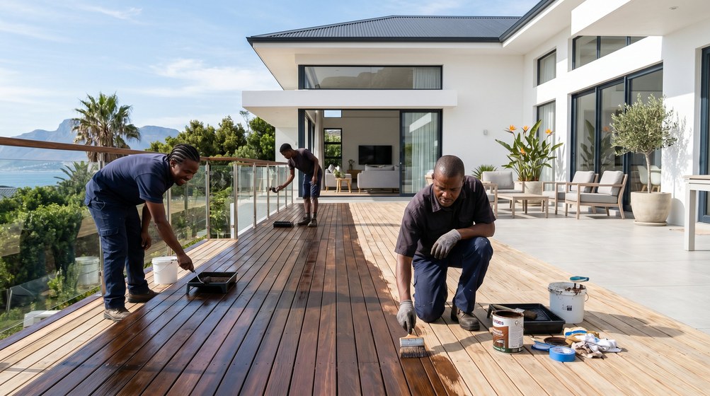 Professional wood staining team applying deck stain overlooking the ocean in Centurion